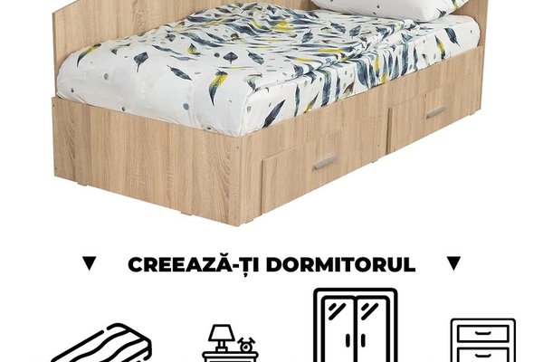 Creeaza-ti Dormitorul ALMA, sonoma deschis, de la Pat Colt Alma 90x200 cm, cu 2 sertare laterale pe role, adauga Saltea, Noptiere, Comoda, Dulap