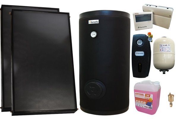 Pachet premium sistem solar presurizat, 2 x Panou solar plan Fornello 2.0 m² SPFP, Boiler cu 2 serpentine FORNELLO SOL 200 LT 2S, grup pompare, controller, vas expansiune, antigel, aerisitor 1/2