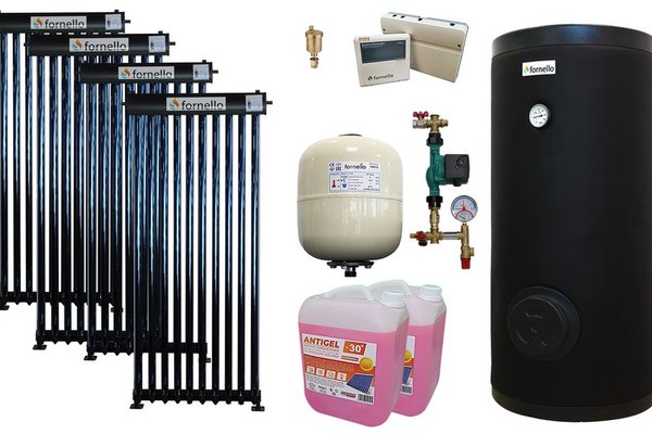 Pachet sistem solar presurizat, panou Fornello 40 Tuburi Heat Pipe, Boiler cu 2 serpentine Fornello SOL 300 LT 2S, controller, vas expansiune, grup pompare, aerisitor 1/2, antigel
