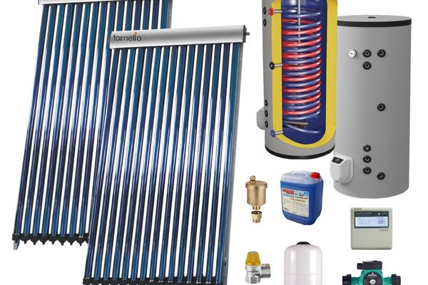 Set Sistem solar presurizat, panou Fornello 40 Tuburi Heat Pipe, boiler cu 2 serpentine si rezistenta electrica Eldom 300 litri cu montaj pe sol, pompa 25-60, controller, vas expansiune, antigel, supapa 1/2, aerisitor 1/2
