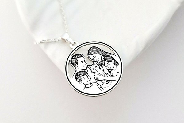 Lantisor Argint 925 cu Medalion Rotund - Familia Completa