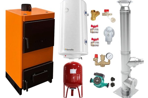 Pachet Cazan (centrala) pe combustibil solid, (lemn, carbune), Fiama W, 45 kW, Cos inox, Boiler Termoelectric, Vas Expansune, Pompa si Fitinguri Montaj
