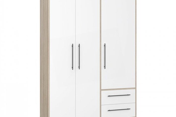 Dulap MKSS833-Q36 pentru haine, 3 usi, rafturi si sertare, sonoma cu fronturi albe, dimensiuni 144x58x200 cm