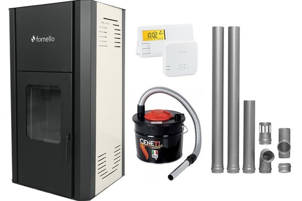 Pachet Termosemineu peleti Fornello Primo Pellet Ivory 30 kw, complet echipat cu pompa, vas expansiune, automatizare, culoare Ivory, kit evacuare 2.5 ml, Termostat Salus 091FLRFV2, Aspirator Cenusa