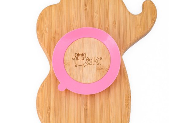Farfurie elefant din bambus organic cu baza tip ventuza Oaki roz