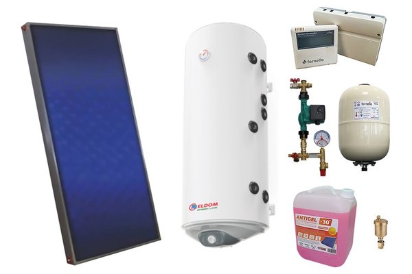 Pachet sistem solar presurizat, panou solar plan Sunsystem PК SL FP 2.0, Boiler cu 2 serpentine Eldom 150 l 2S, controller, vas expansiune, grup pompare, aerisitor 1/2, antigel