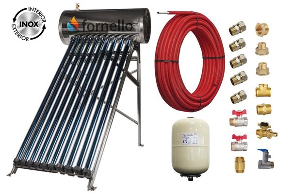 Pachet panou solar presurizat compact FORNELLO SPP-470-H58/1800-10-c cu 10 tuburi vidate de tip heat pipe si boiler din inox de 92 litri, Teava, Vas Expansiune si Fitinguri montaj
