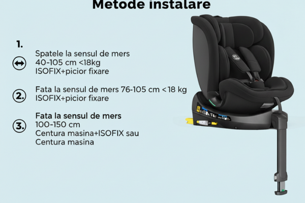 Scaun auto Buf Boof N17 Fix Black pentru copii, iSize, isofix, rotativ 360, cu picior de fixare si pozitie de somn 165 grade