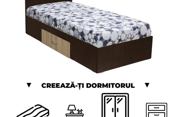 Creeaza-ti Dormitorul ALMA, sonoma inchis + sonoma deschis, de la Pat cu sertar Alma 120x200 cm, adauga Saltea, Noptiere, Comoda, Dulap