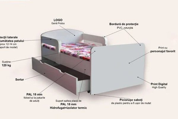 Pat pentru copii Unicorn, cu sertar si saltea, 2-12 ani, 160x80 cm