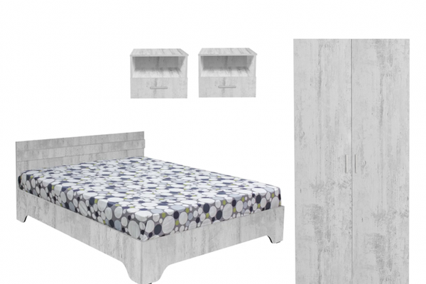 Set dormitor ALMA, 4 piese, pat 140x200 cm, dulap 2 usi, 2 noptiere, pin antichizat