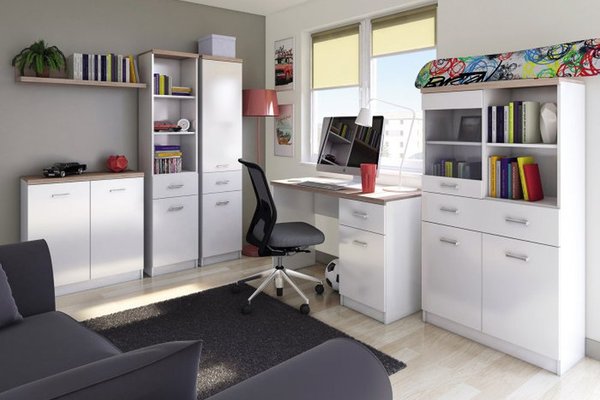 Set dormitor TOP MIX, 5 piese, birou, vitrina, 2 biblioteci, comoda, alb