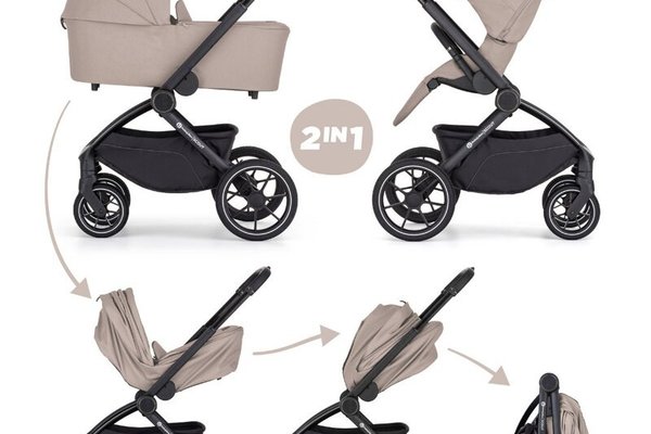 Carucior 2 in 1 pentru copii PetiteMars Scout Crem Cappuccino cu landou pliabil, reversibil, spatar si suport de picioare reglabile, maner ajustabil, accesorii, pana la 22 kg, 0 luni+