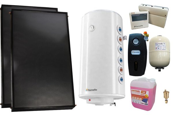 Pachet premium sistem solar presurizat, 2 x Panou solar plan Fornello 2.0 m² SPFP, Boiler cu 2 serpentine Fornello Optima GCV7/4S 150 l, grup pompare, controller, vas expansiune, antigel, aerisitor 1/2