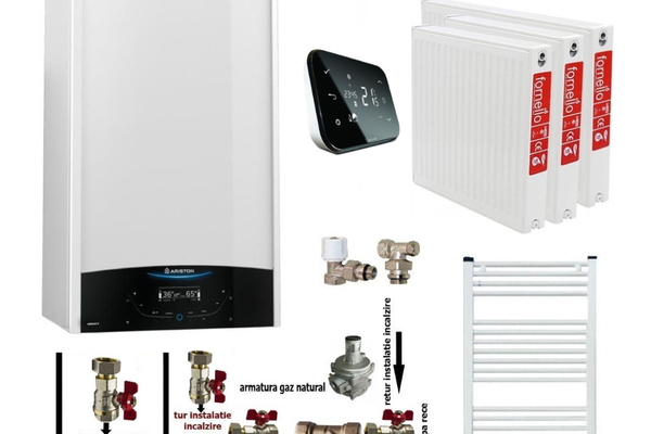 Pachet apartament cu 2 camere, centrala termica murala in condensare Ariston Genus One+ 24, Gaz, 24 kW, kit de evacuare inclus, termostat Salus IT 500, calorifere otel, kit armaturi centrala, robineti calorifere