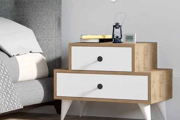 Noptiera Maura cu 2 sertar alb si nuc,63 cm