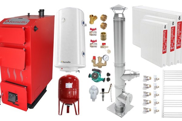Pachet Cazan (centrala) pe combustibil solid, (lemn, carbune), Fornello Praktik 25 kW, Cos Inox, Radiatoare Otel, Boiler, Vas Expansiune, Pompa, Fitinguri Montaj