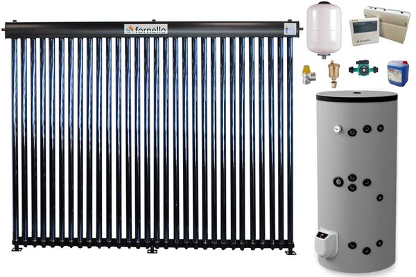 Sistem solar presurizat, panou Fornello 30 Tuburi Heat Pipe, boiler cu 2 serpentine si rezistenta electrica Eldom 300 litri cu montaj pe sol, pompa 25-60, controller, vas expansiune, antigel, supapa 1/2, aerisitor 1/2