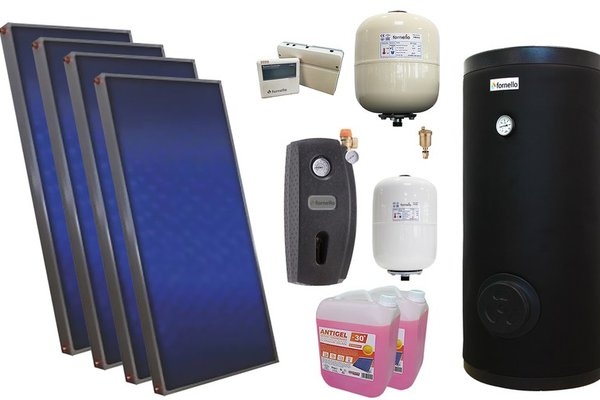 Pachet solar premium, presurizat, 4x panou plan Sunsystem PК SL FP 2.0, Boiler cu 2 serpentine Fornello SOL 300 LT 2S, controller, vas expansiune solar, vas expansiune sanitar, grup pompare Fornello (pompa OHI), aerisitor 1/2, antigel