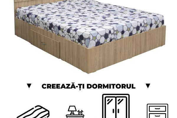 Creeaza-ti Dormitorul ALMA, sonoma deschis, de la Pat cu sertar Alma 140x200 cm, adauga Saltea, Noptiere, Comoda, Dulap