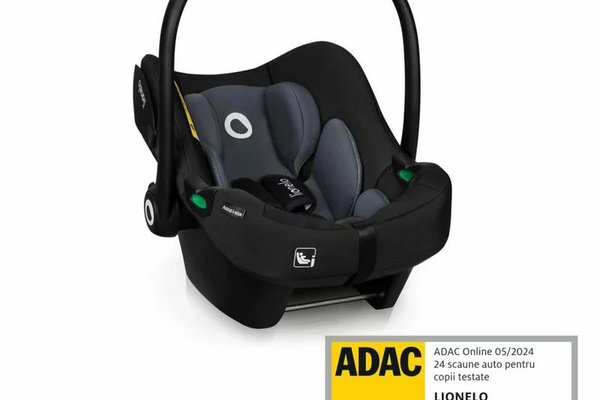 Scoica auto Lionelo Astrid i-Size, 0-13 Kg, 40-87 cm, Negru/Gri, Testata ADAC, Siguranta R129