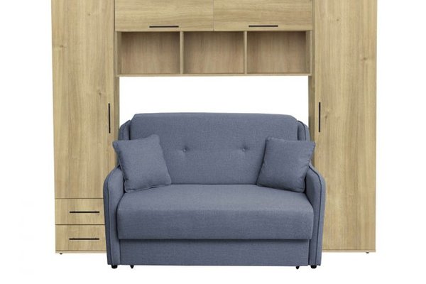 Set dormitor tineret YASMIN M1, 3 corpuri, stejar Belfast, 238x50x200 cm + Canapea GALA extensibila, 2 locuri, albastru, 143x98x98 cm