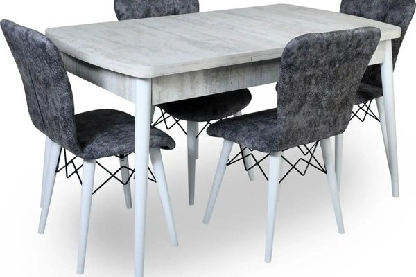Set masa extensibila cu 4 scaune tapitate Homs cristal  bej-gri-picior-alb-170 x 80 cm