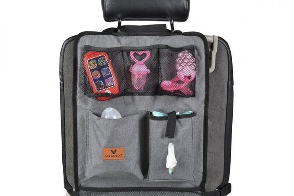Protectie spatar si organizator auto pentru copii Cangaroo Grey,Model universal,Protejeaza scaunul din fata de murdarie,Buzunare multiple,Compartiment pentru seervetele umede si Sticla