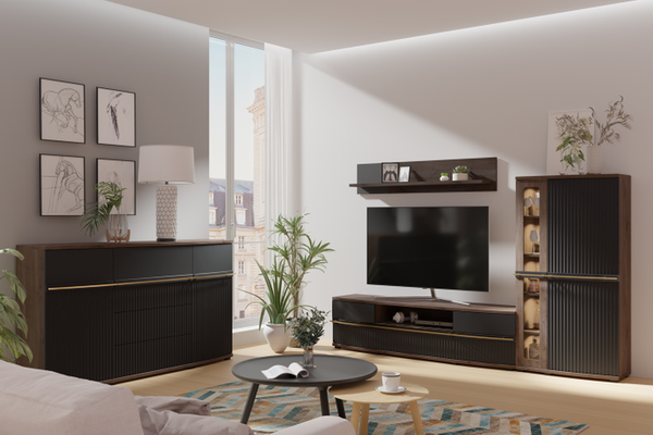 Set Living CANDY, 4 corpuri, cu lumini LED, vitrina C2a, comoda C4, etajera C6, comoda C12, grafit