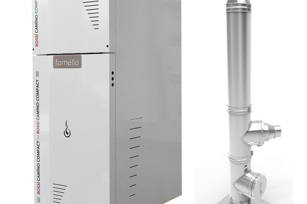 Pachet Centrala termica compacta pe peleti Fornello Rossi Camino Compact 35 kw, pompa de circulatie, vas expansiune, tiraj fortat,Ecodesign, A+, Cos inox 6 ml 120 mm
