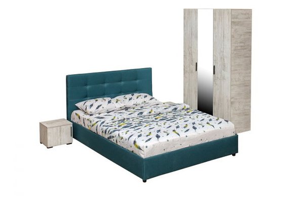 Set dormitor ECONO, 4 piese, pat 140x200 cm, dulap 3 usi, 2 noptiere, pin antichizat + turcoaz