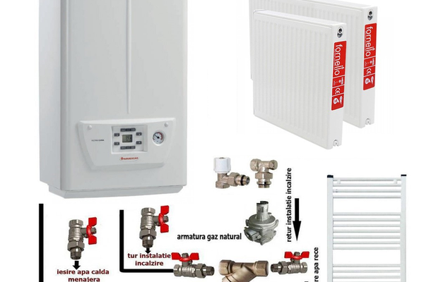 Pachet apartament cu o camera, centrala termica pe gaz in condensare IMMERGAS VICTRIX OMNIA 25, kit evacuare inclus, calorifere otel, kit armaturi centrala, robineti calorifere