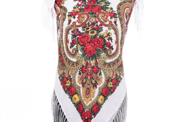 Esarfa gipsy patrata mare, tip Pavlovo Posad cu imprimeu floral traditional pe fond alb