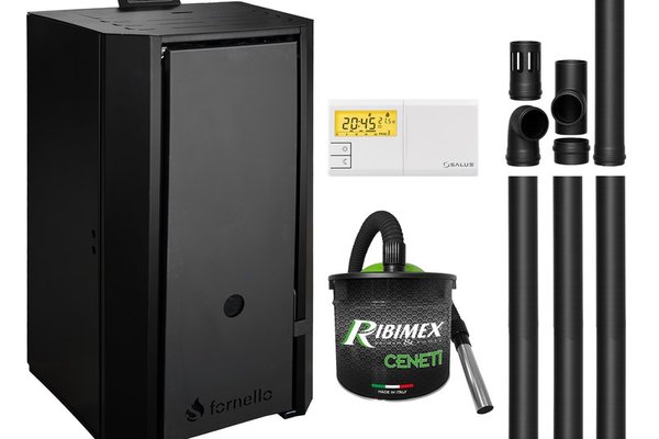 Centrala pe peleti Fornello EVA B Black 30 KW - Pachet complet cu Wi-Fi si accesorii