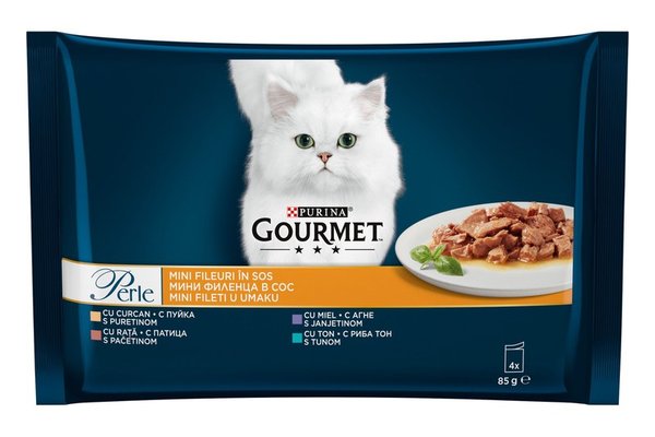 Gourmet Perle Multipack cu Miel, Rata, Ton, Curcan, 4 x 85 g