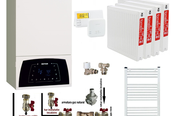 Pachet complet pentru apartament cu 3 camere - Centrala termica Motan Condens Plus 100 25 kW, termostat si calorifere