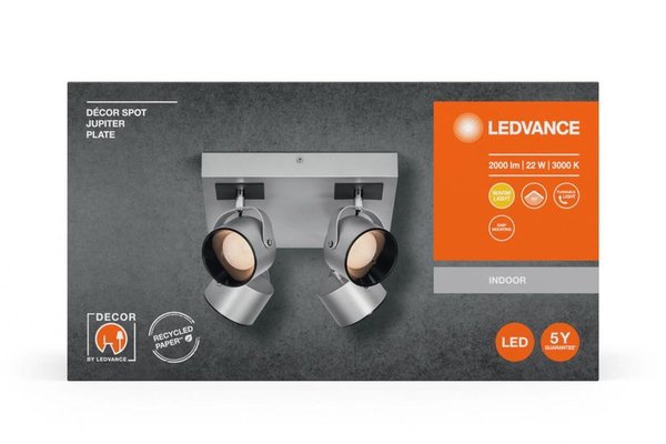 Spot LED cvadruplu ajustabil Ledvance DECOR JUPITER SQUARE, 22W, 2000 lm, lumina calda 3000K, IP20, 260x260mm, Argintiu, clasa energetica F
