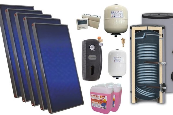Pachet solar premium, presurizat, 5x panou plan Sunsystem PК SL FP 2.0, Boiler cu 2 serpentine Sunsystem SON 500 2S, controller, vas expansiune solar, vas expansiune sanitar, grup pompare Fornello (pompa OHI), aerisitor, antigel