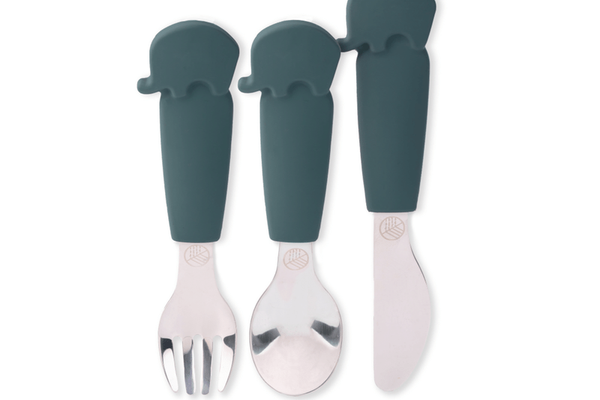 Set tacamuri din inox si silicon Ecorascals - furculita, cutit si lingura