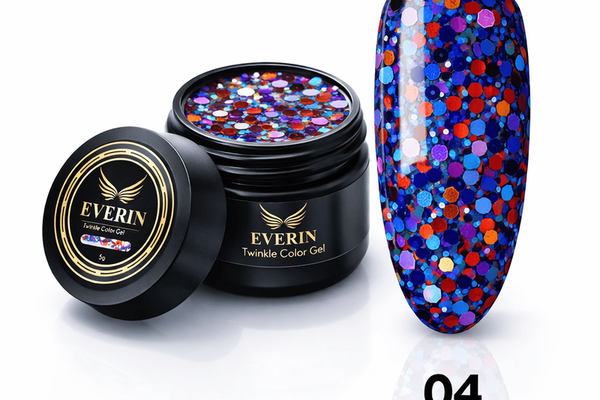 Twinkle Color Gel EVERIN 5ml – 04 | Gel Color Albastru Holografic cu Sclipici Multicolor pentru Manichiură Profesională