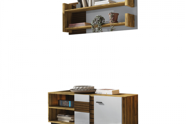 Set Living VAL GARDENA, 2 corpuri, comoda VG4, etajera, VG9, corp PAL nuc, fronturi MDF late lucios