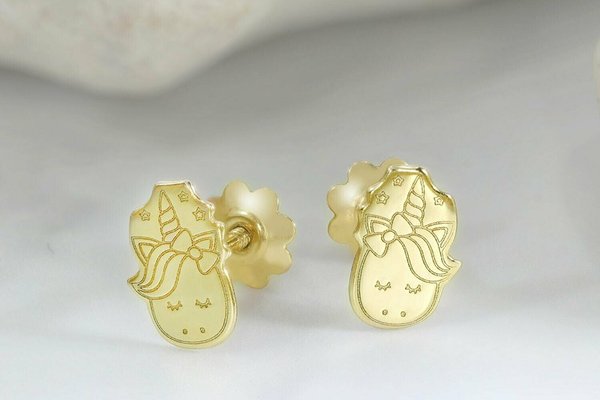 Cercei pentru copii - Model unicorn - Aur 14K - Inchizatoare confortabila cu filet