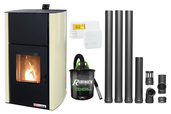 Termosemineu pe peleti Fornello Fiama Confort 30 kW - Pachet complet cu pompa, termostat si aspirator