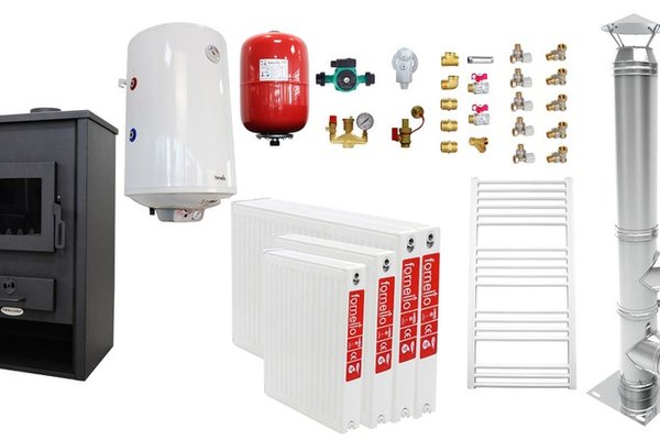 Pachet de incalzire si apa calda pentru 3 camere - Termosemineu Fornello PADOVA E, 19.4 kW, boiler 80l si accesorii complete