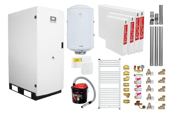 Centrala termica pe peleti Fornello GT 25 Standard, echipata cu pompa circulatie Wilo, vas expansiune, manometru, calorifere, boiler fornello 100 l, kit evacuare 3.5 ml, Termostat Salus 091FLRFV2 si Aspirator Cenusa, fitinguri