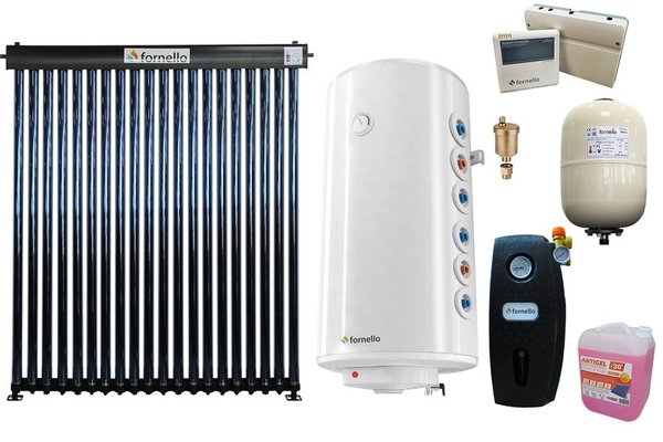 Pachet premium sistem solar presurizat, panou Fornello 20 Tuburi Heat Pipe, Boiler cu 2 serpentine Fornello Optima GCV7/4S 150 l, controller, vas expansiune, grup pompare, aerisitor 1/2, antigel