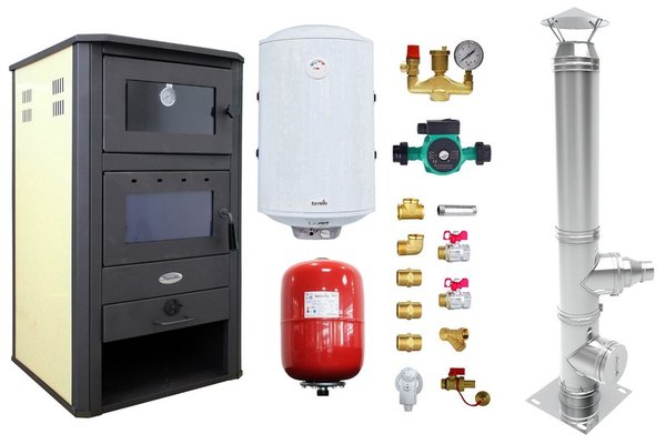 Pachet Termosemineu pe lemne, brichete si carbune Fornello MILANO E, 24 KW, cuptor, Ivory, 580x560x1060 mm, cos inox, boiler termoelectric 100l, vas expansiune, pompa circulatie si kit montaj