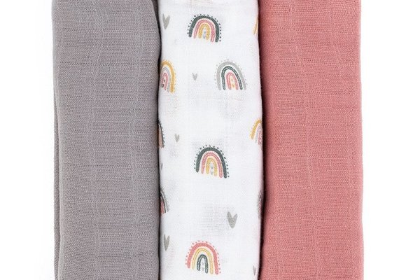 Set de 3 scutece PetiteMars din muselina de bambus Moussy Rose Rainbow, 68 x 68 cm, Multicolor