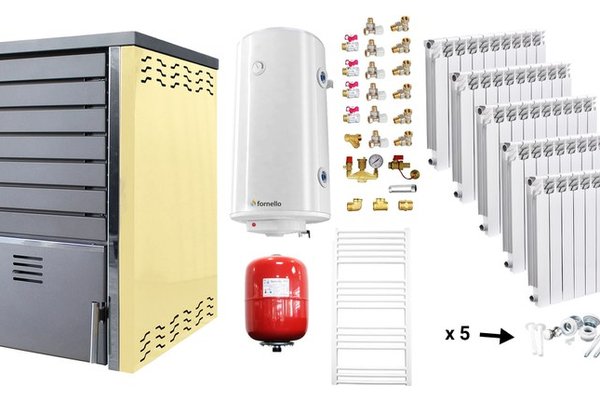 Pachet Incalzire si Apa Calda Centrala pe Lemne FORNELLO SAUNA CREAM 30 kW cu Pompa de Circulare, Calorifere Aluminiu si Boiler Termoelectric