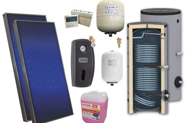 Pachet solar premium, presurizat, 2x panou plan Sunsystem PК SL FP 2.0, Boiler cu 2 serpentine Sunsystem SON 200 2S, controller, vas expansiune solar, vas expansiune sanitar, grup pompare Fornello (pompa OHI), aerisitor 1/2, antigel